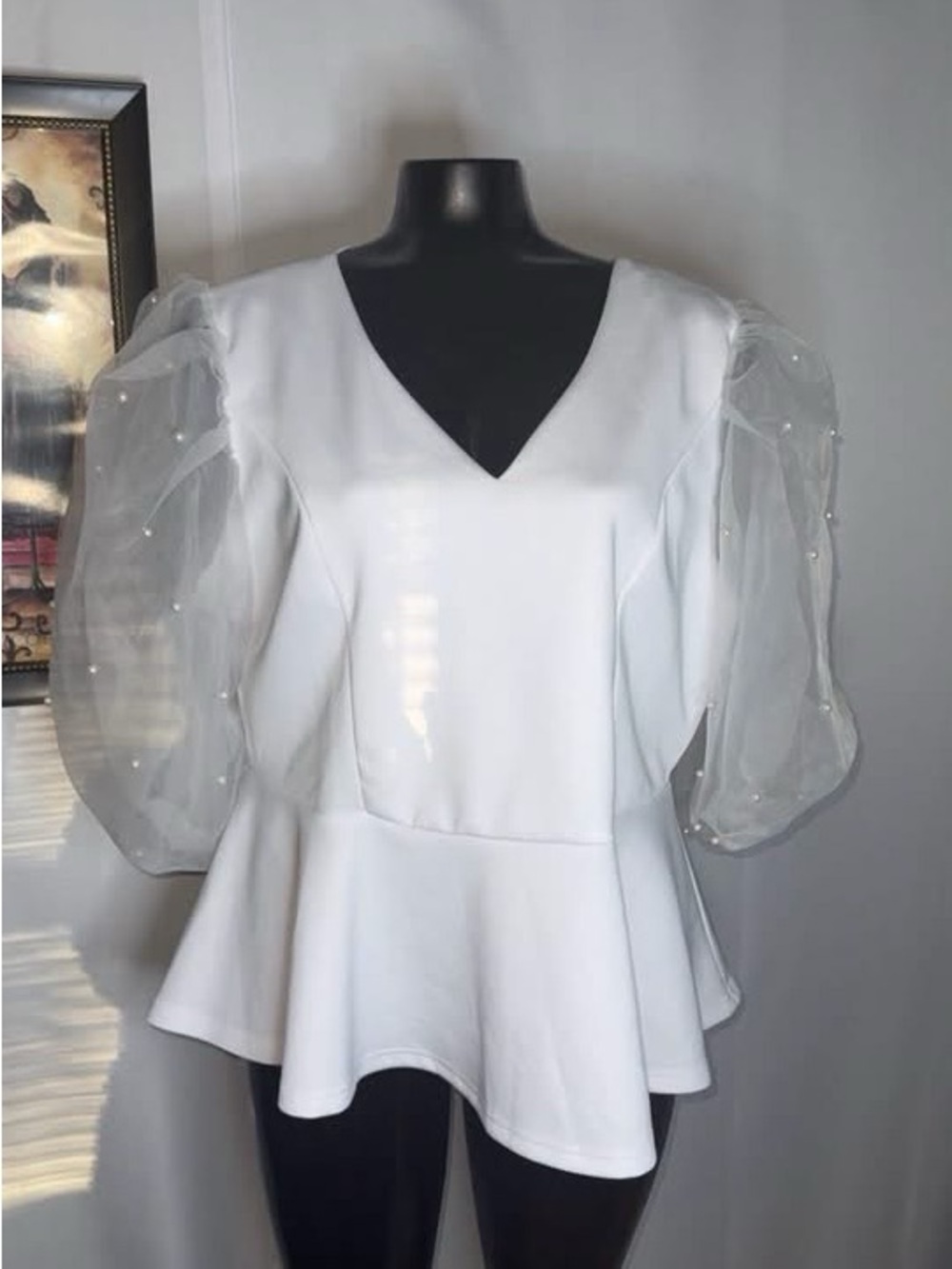 Ashley Stewart White Peplum Top with Pearl-Studded Sheer Puff Sleeves